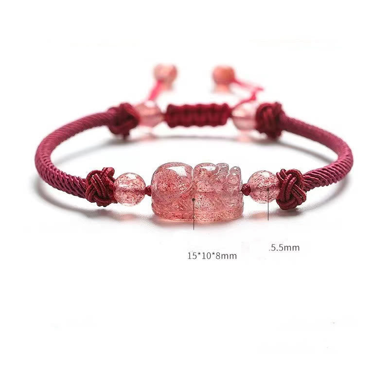 Wear FengShui Natural Strawberry Quartz PiXiu Red String Braided Protection Bracelet