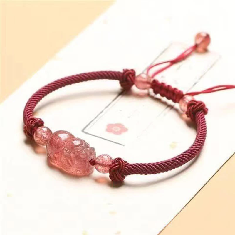Wear FengShui Natural Strawberry Quartz PiXiu Red String Braided Protection Bracelet