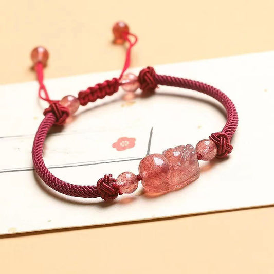Wear FengShui Natural Strawberry Quartz PiXiu Red String Braided Protection Bracelet