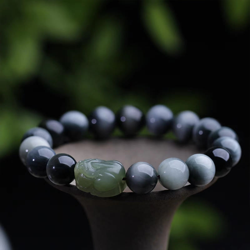 Wear FengShui Natural Eagle's Eye Stone Hetian Jade Pixiu Confidence Bracelet