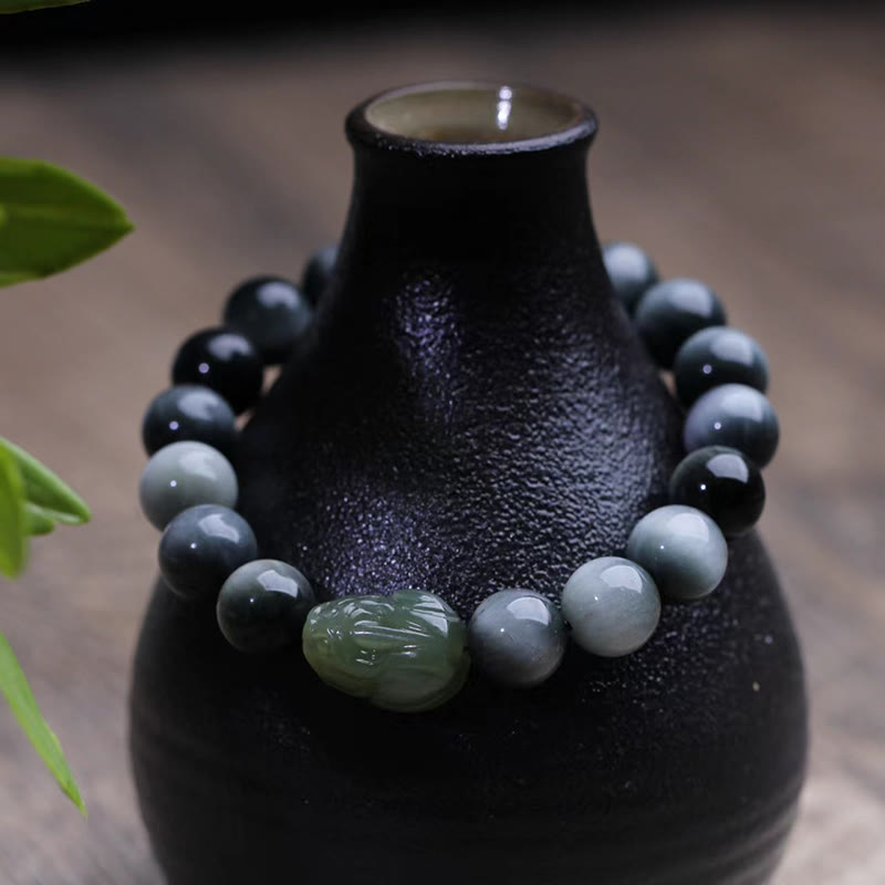 Wear FengShui Natural Eagle's Eye Stone Hetian Jade Pixiu Confidence Bracelet