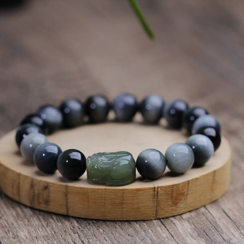 Wear FengShui Natural Eagle's Eye Stone Hetian Jade Pixiu Confidence Bracelet