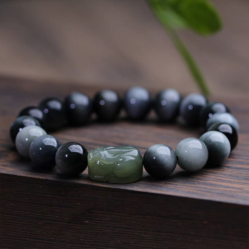 Wear FengShui Natural Eagle's Eye Stone Hetian Jade Pixiu Confidence Bracelet