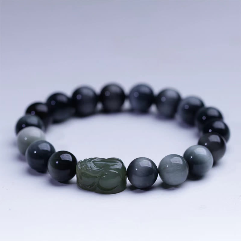 Wear FengShui Natural Eagle's Eye Stone Hetian Jade Pixiu Confidence Bracelet