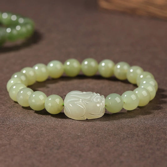Wear FengShui Natural Hetian Jade PiXiu Carved Luck Bracelet