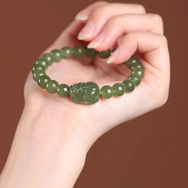 Wear FengShui Natural Hetian Jade PiXiu Carved Luck Bracelet