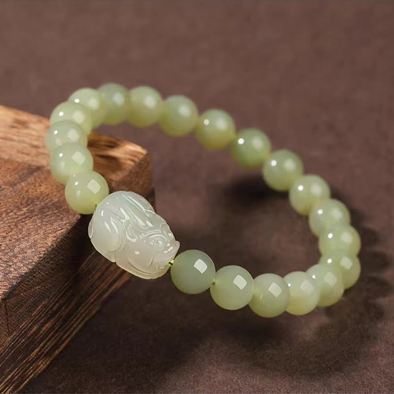 Wear FengShui Natural Hetian Jade PiXiu Carved Luck Bracelet