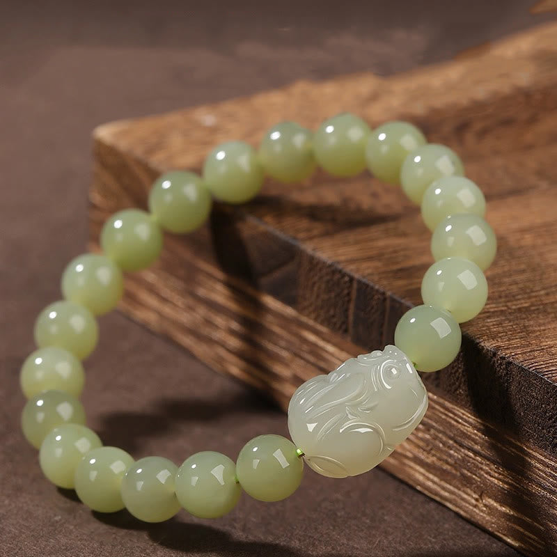 Wear FengShui Natural Hetian Jade PiXiu Carved Luck Bracelet