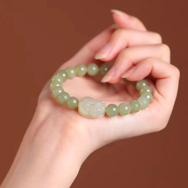 Wear FengShui Natural Hetian Jade PiXiu Carved Luck Bracelet