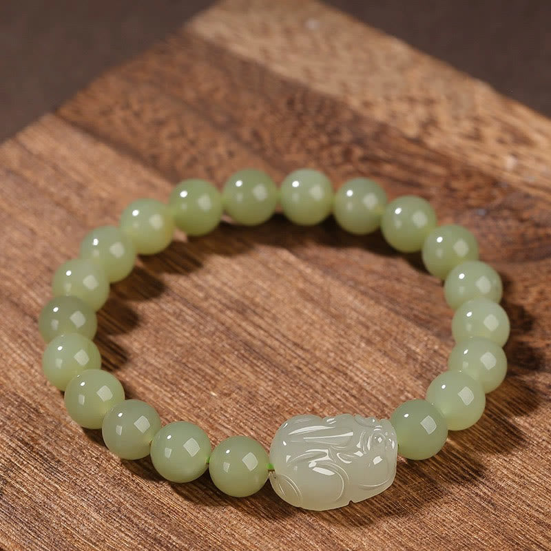 Wear FengShui Natural Hetian Jade PiXiu Carved Luck Bracelet
