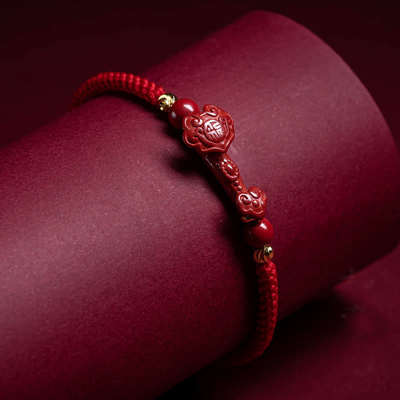 Wear FengShui Handmade Cinnabar Ruyi Handle Fu Character PiXiu Blessing Red String Braided Bracelet