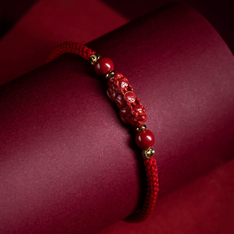 Wear FengShui Handmade Cinnabar Ruyi Handle Fu Character PiXiu Blessing Red String Braided Bracelet