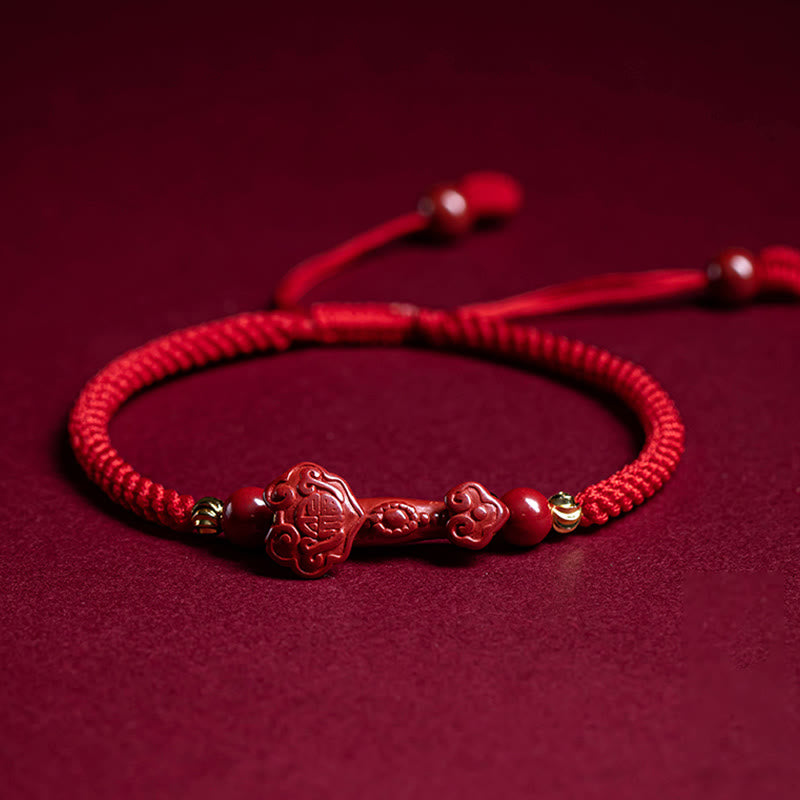 Wear FengShui Handmade Cinnabar Ruyi Handle Fu Character PiXiu Blessing Red String Braided Bracelet
