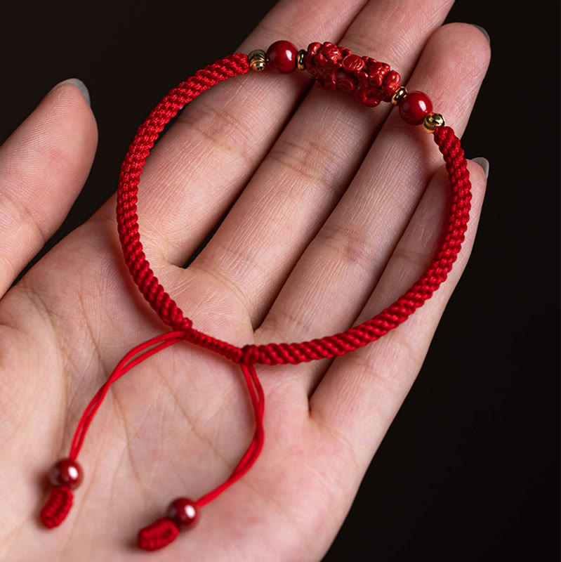 Wear FengShui Handmade Cinnabar Ruyi Handle Fu Character PiXiu Blessing Red String Braided Bracelet