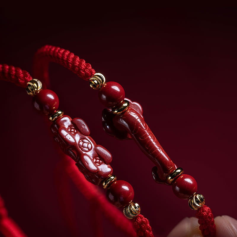 Wear FengShui Handmade Cinnabar Ruyi Handle Fu Character PiXiu Blessing Red String Braided Bracelet