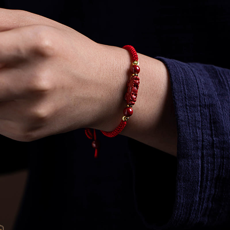 Wear FengShui Handmade Cinnabar Ruyi Handle Fu Character PiXiu Blessing Red String Braided Bracelet