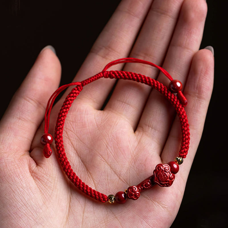 Wear FengShui Handmade Cinnabar Ruyi Handle Fu Character PiXiu Blessing Red String Braided Bracelet
