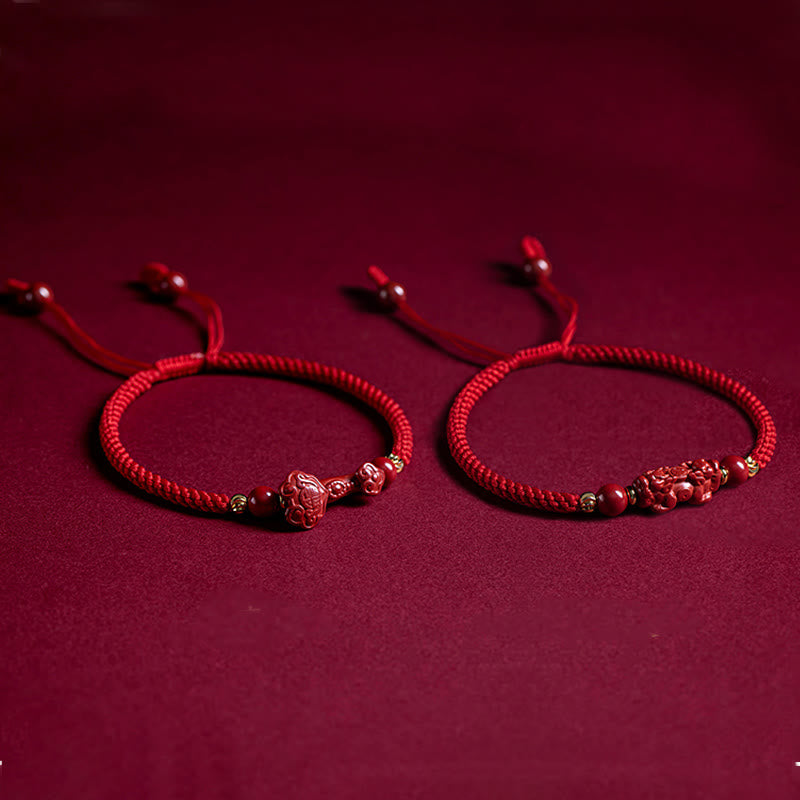 Wear FengShui Handmade Cinnabar Ruyi Handle Fu Character PiXiu Blessing Red String Braided Bracelet