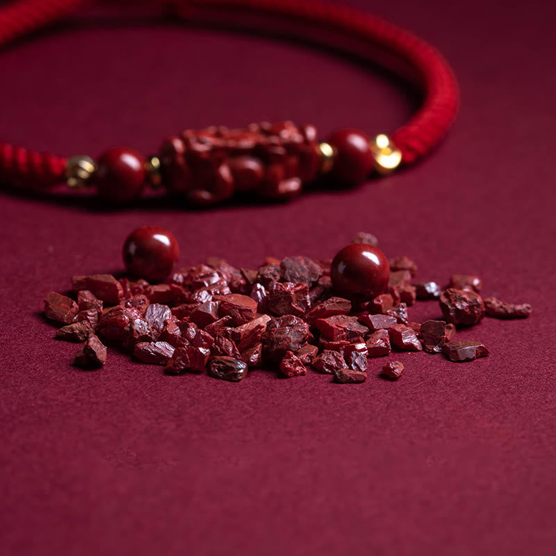 Wear FengShui Handmade Cinnabar Ruyi Handle Fu Character PiXiu Blessing Red String Braided Bracelet