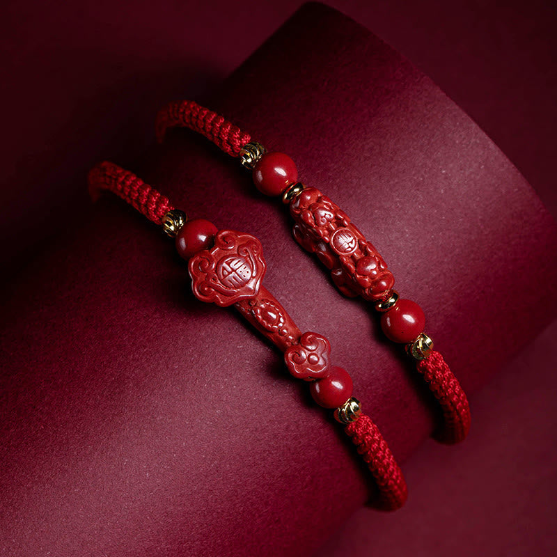 Wear FengShui Handmade Cinnabar Ruyi Handle Fu Character PiXiu Blessing Red String Braided Bracelet