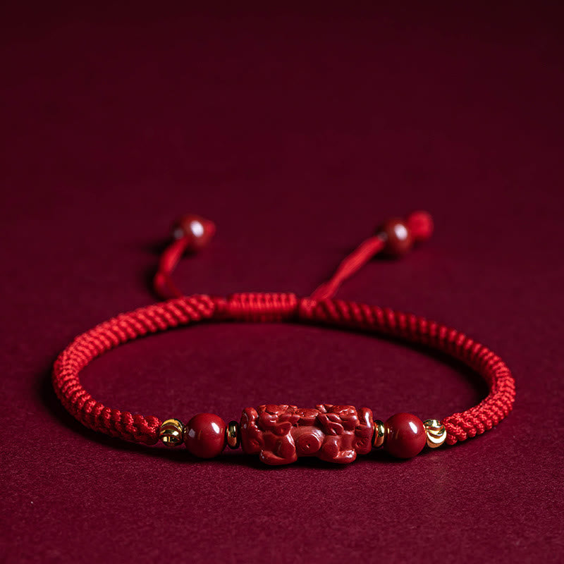 Wear FengShui Handmade Cinnabar Ruyi Handle Fu Character PiXiu Blessing Red String Braided Bracelet