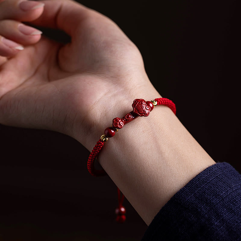 Wear FengShui Handmade Cinnabar Ruyi Handle Fu Character PiXiu Blessing Red String Braided Bracelet