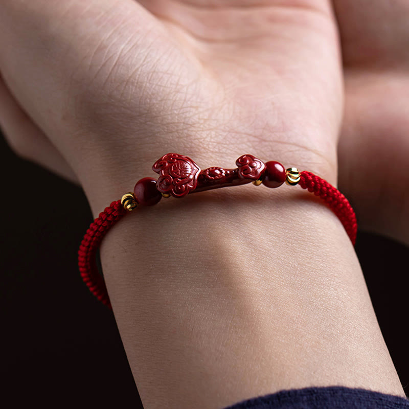 Wear FengShui Handmade Cinnabar Ruyi Handle Fu Character PiXiu Blessing Red String Braided Bracelet