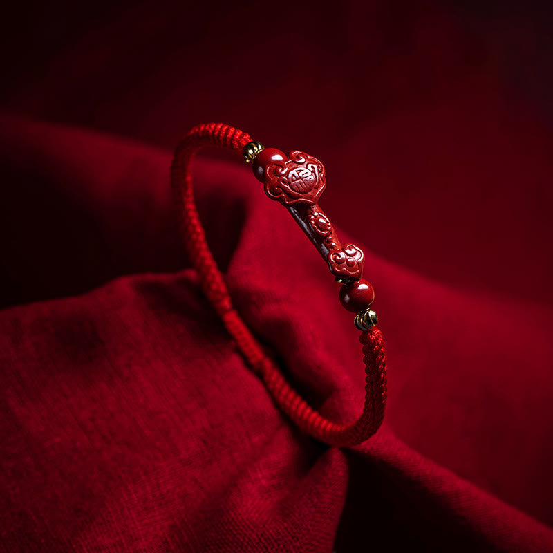 Wear FengShui Handmade Cinnabar Ruyi Handle Fu Character PiXiu Blessing Red String Braided Bracelet