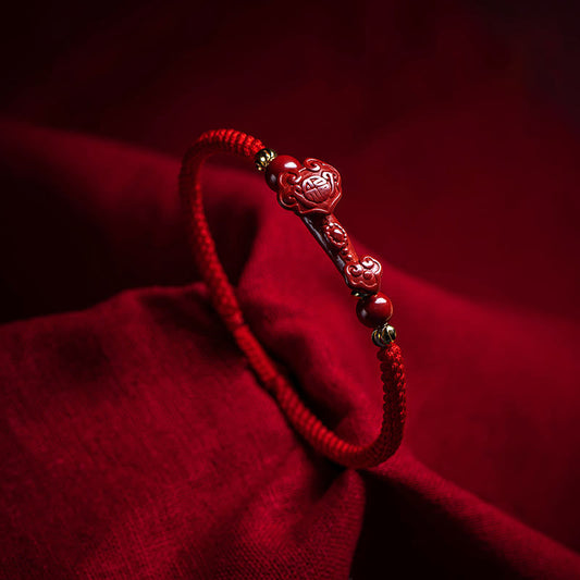 Wear FengShui Handmade Cinnabar Ruyi Handle Fu Character PiXiu Blessing Red String Braided Bracelet