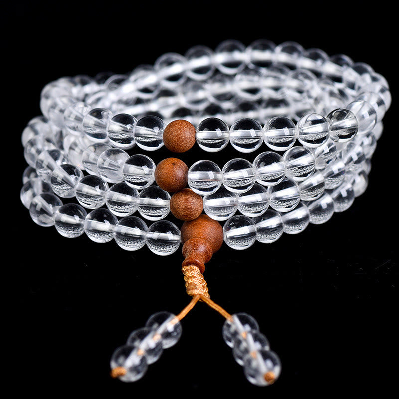 Wear FengShui 108 Mala Beads Natural Stone White Crystal Sandalwood Healing Bracelet