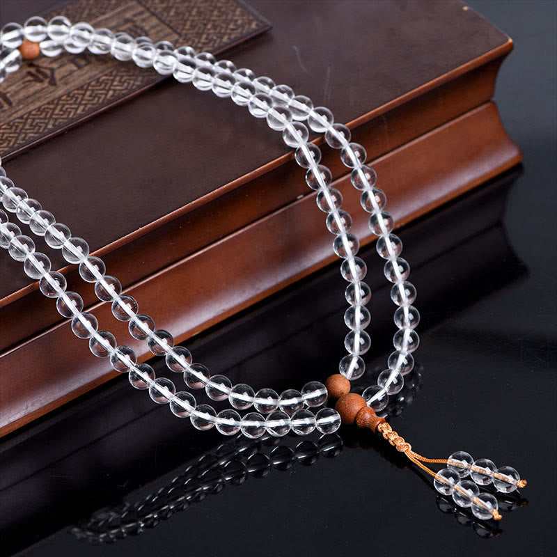 Wear FengShui 108 Mala Beads Natural Stone White Crystal Sandalwood Healing Bracelet