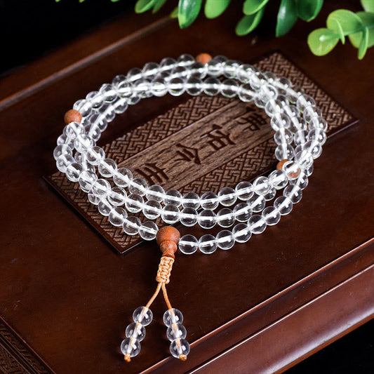 Wear FengShui 108 Mala Beads Natural Stone White Crystal Sandalwood Healing Bracelet