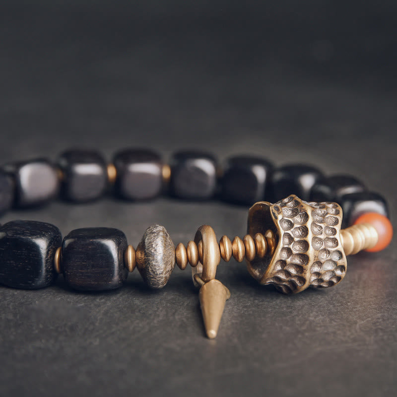 Wear FengShui Ebony Wood Copper Brass Red Agate Peace Bracelet
