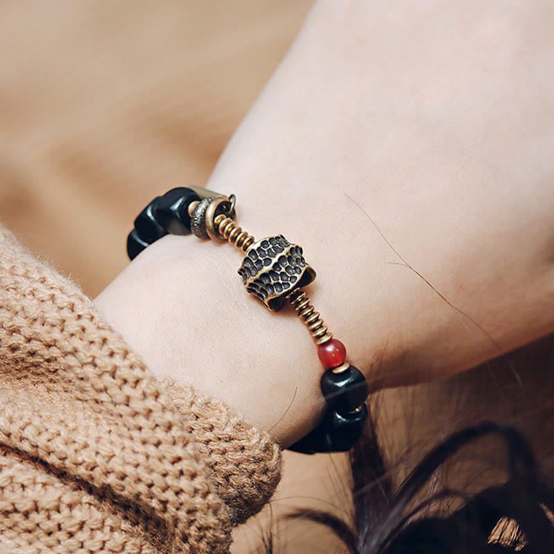 Wear FengShui Ebony Wood Copper Brass Red Agate Peace Bracelet