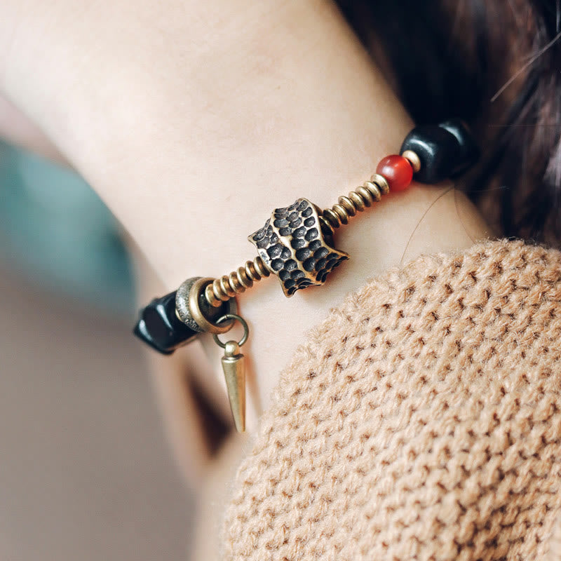 Wear FengShui Ebony Wood Copper Brass Red Agate Peace Bracelet