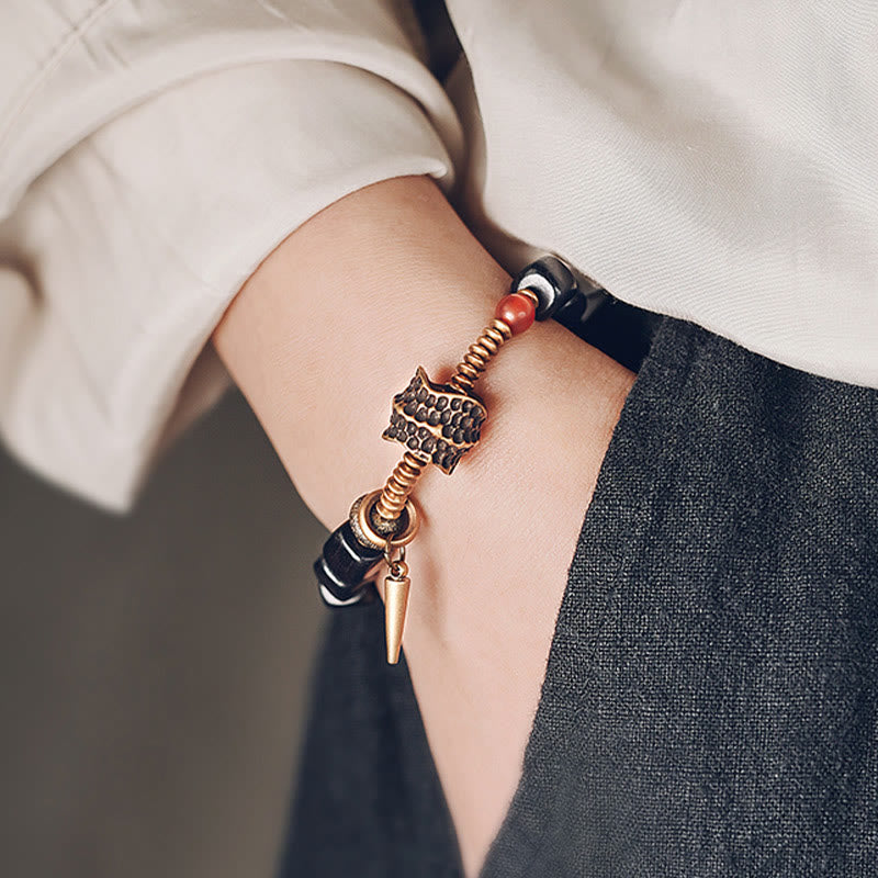 Wear FengShui Ebony Wood Copper Brass Red Agate Peace Bracelet