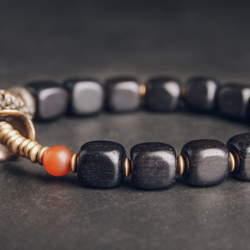Wear FengShui Ebony Wood Copper Brass Red Agate Peace Bracelet