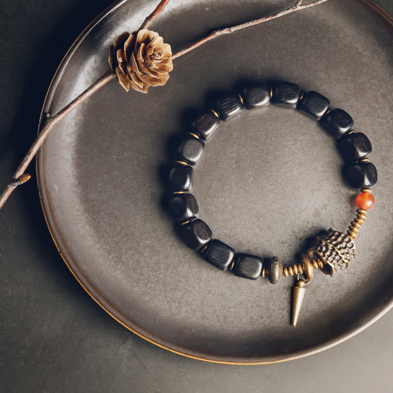 Wear FengShui Ebony Wood Copper Brass Red Agate Peace Bracelet