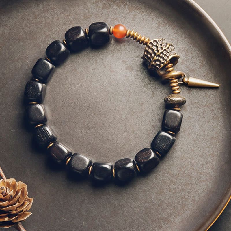 Wear FengShui Ebony Wood Copper Brass Red Agate Peace Bracelet