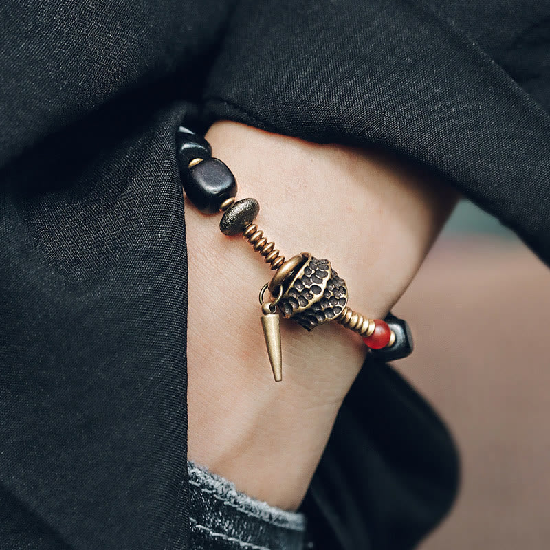 Wear FengShui Ebony Wood Copper Brass Red Agate Peace Bracelet
