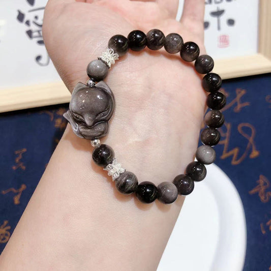 Wear FengShui Natural Silver Sheen Obsidian Nine Tailed Fox Communication Bracelet