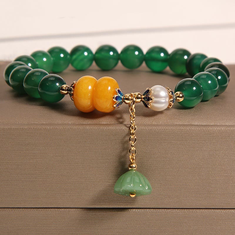 Wear FengShui Green Agate Amber Pearl Lotus Pod Support Bracelet