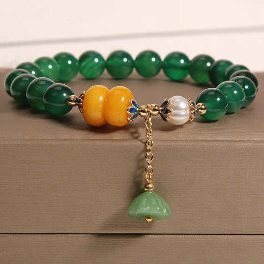 Wear FengShui Green Agate Amber Pearl Lotus Pod Support Bracelet