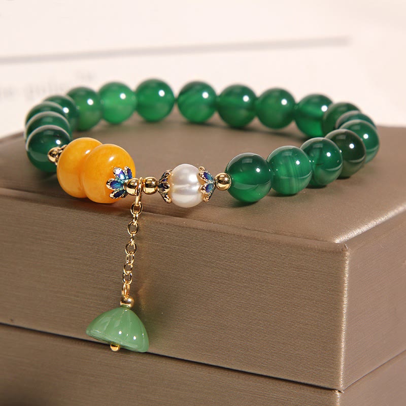 Wear FengShui Green Agate Amber Pearl Lotus Pod Support Bracelet