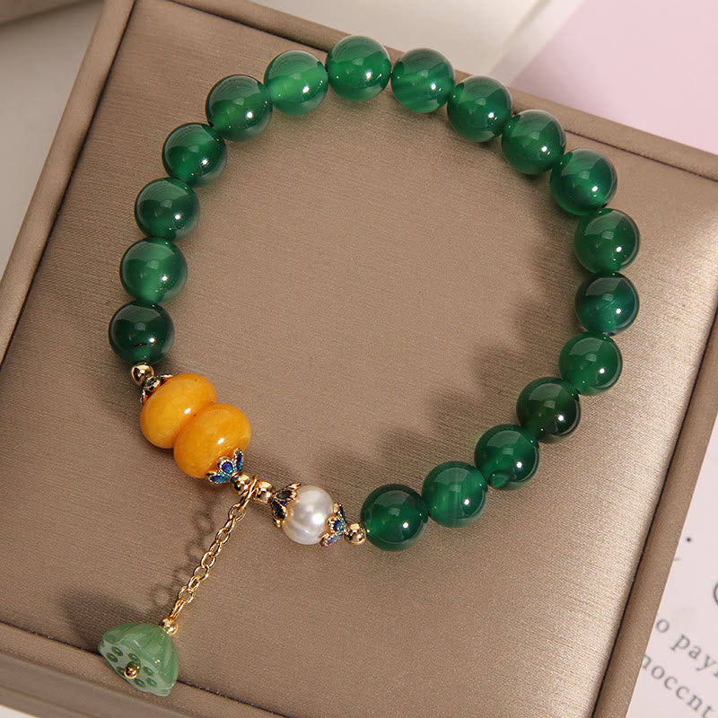 Wear FengShui Green Agate Amber Pearl Lotus Pod Support Bracelet