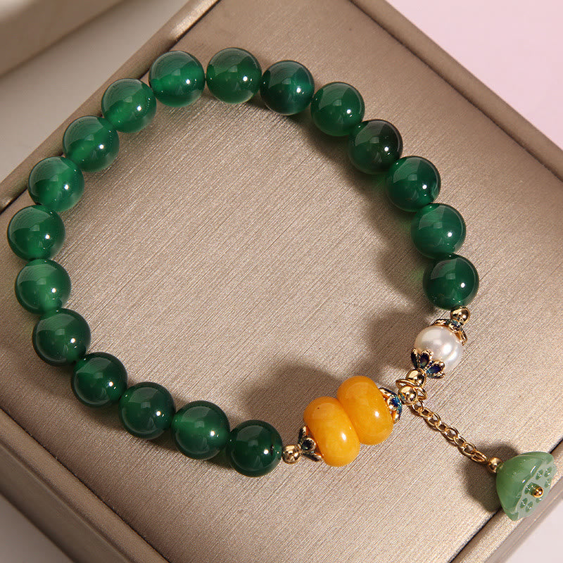 Wear FengShui Green Agate Amber Pearl Lotus Pod Support Bracelet