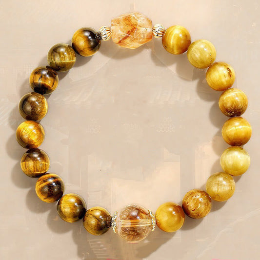 Wear FengShui Natural Yellow Black Tiger Eye Citrine Strength Bracelet