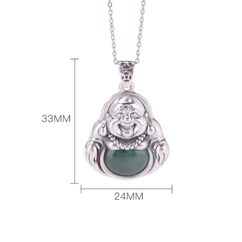 Wear FengShui 999 Sterling Silver Laughing Buddha Cyan Jade Lotus Success Necklace Chain Pendant