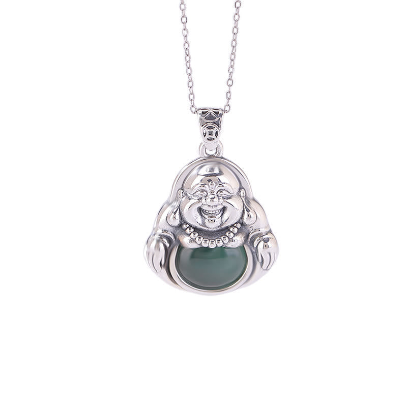 Wear FengShui 999 Sterling Silver Laughing Buddha Cyan Jade Lotus Success Necklace Chain Pendant