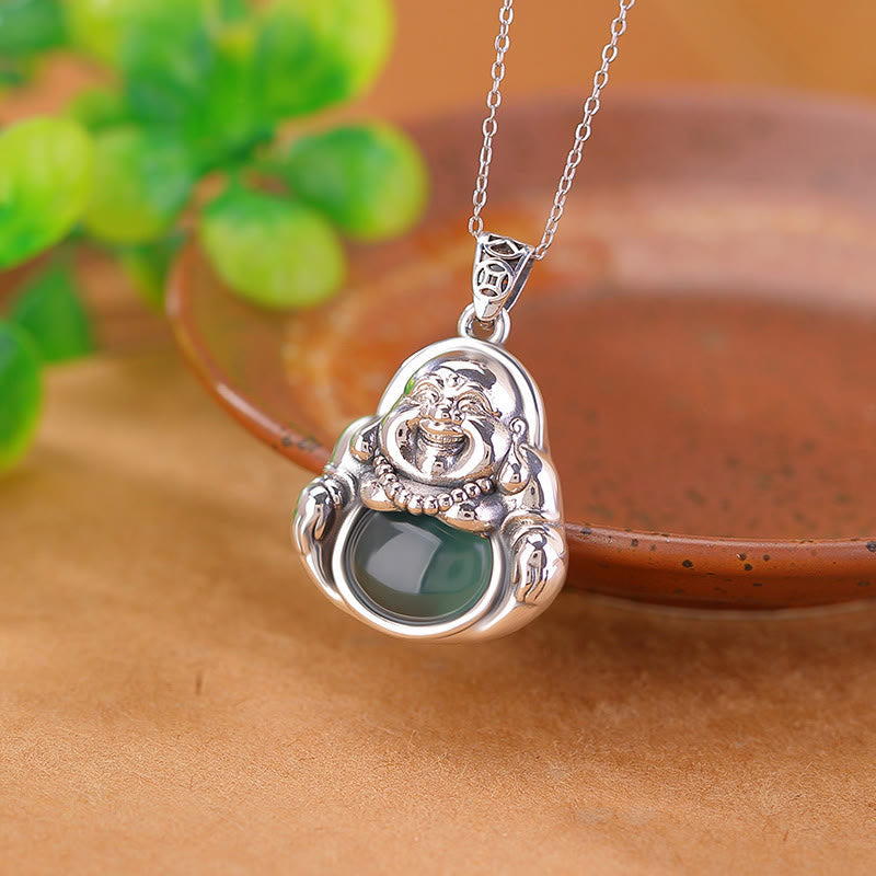 Wear FengShui 999 Sterling Silver Laughing Buddha Cyan Jade Lotus Success Necklace Chain Pendant